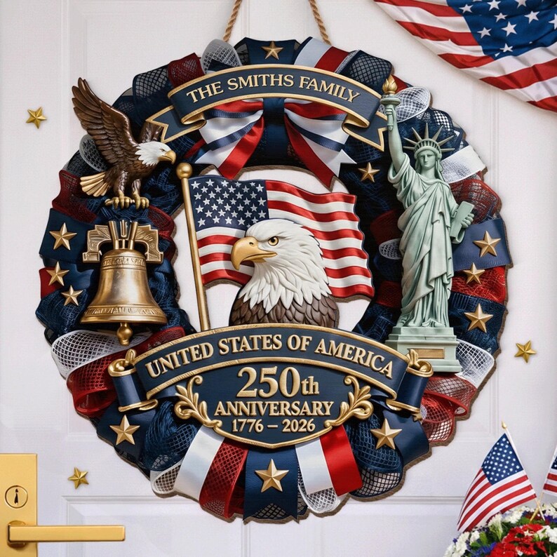 Personalized America 250th Anniversary Wood Wreath – 1776-2026 Patriotic Door Sign