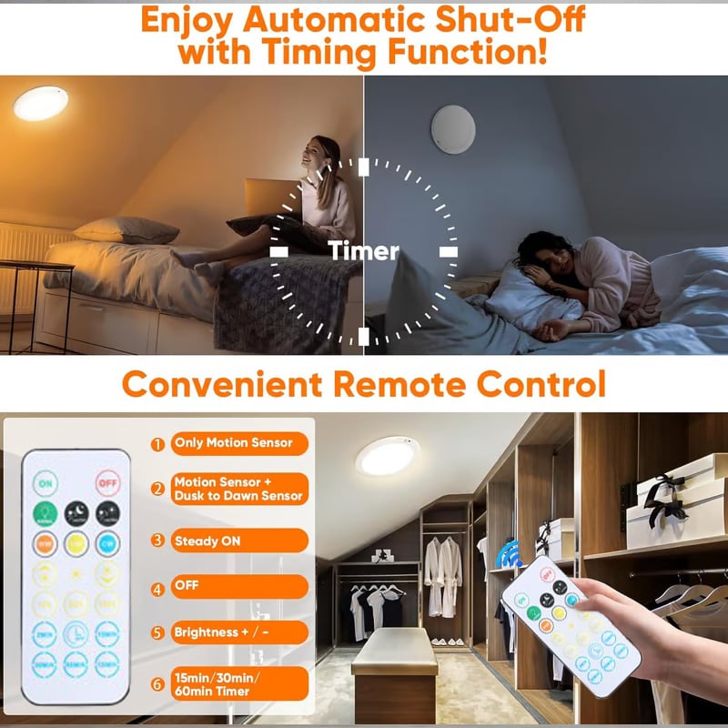 Rechargeable Motion Sensor Ceiling Light with Remote - Magnetic Wireless Ceiling Light Battery Powered for Closet Shower Stairs Shed Hallway Porch Patio ect