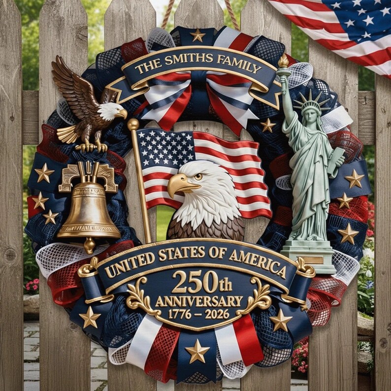Personalized America 250th Anniversary Wood Wreath – 1776-2026 Patriotic Door Sign
