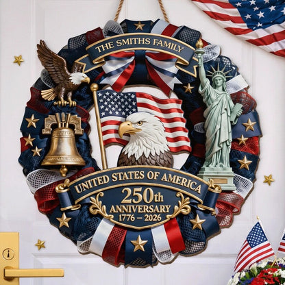 Personalized America 250th Anniversary Wood Wreath – 1776-2026 Patriotic Door Sign