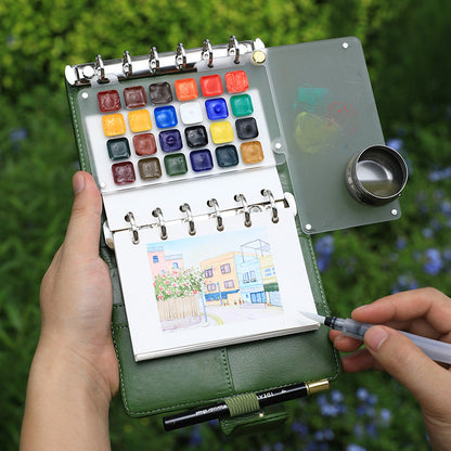 Watercolor Travel Sketching Set – Includes travel brushes (sizes 2, 4, 6), paints, and 100% cotton paper with PU Leather Cover (metal water container)
