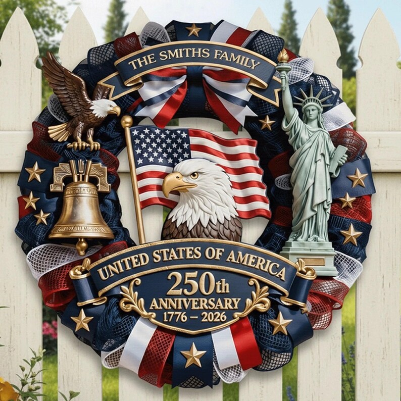 Personalized America 250th Anniversary Wood Wreath – 1776-2026 Patriotic Door Sign