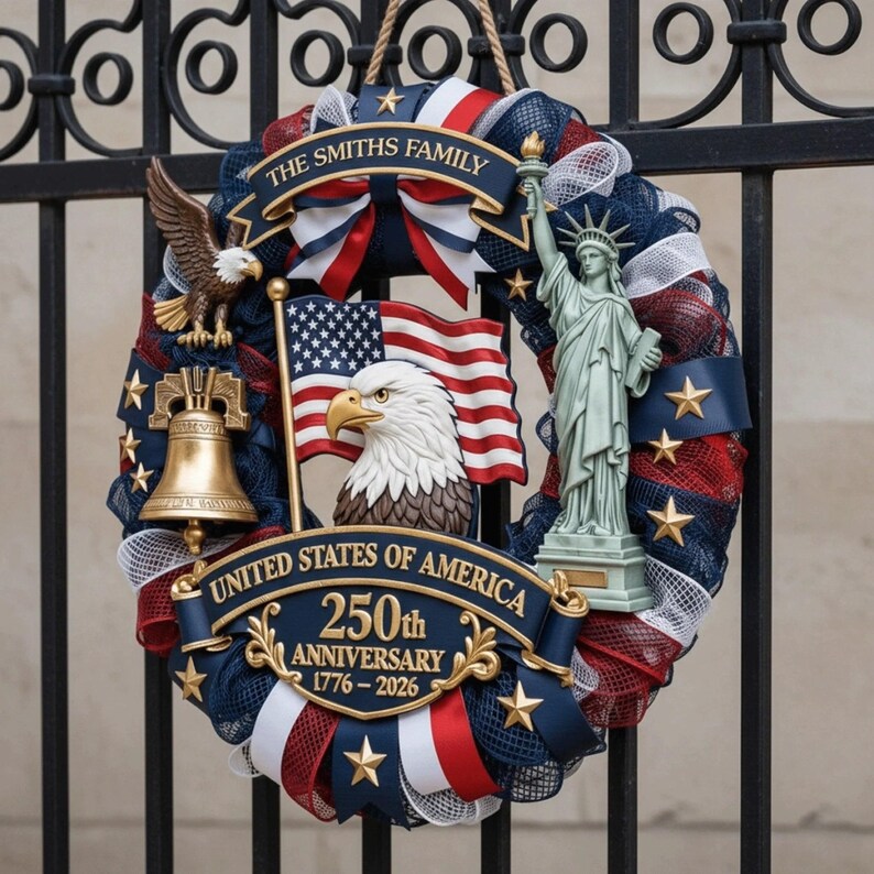 Personalized America 250th Anniversary Wood Wreath – 1776-2026 Patriotic Door Sign