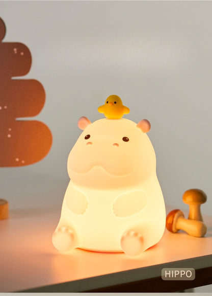 Whimsical Hippo Silicone Tap Nightlight - USB Rechargeable Dimmable Mood Lamp, Soft Bedside Nursing Light with Auto-Off Timer, Unique Night Gift