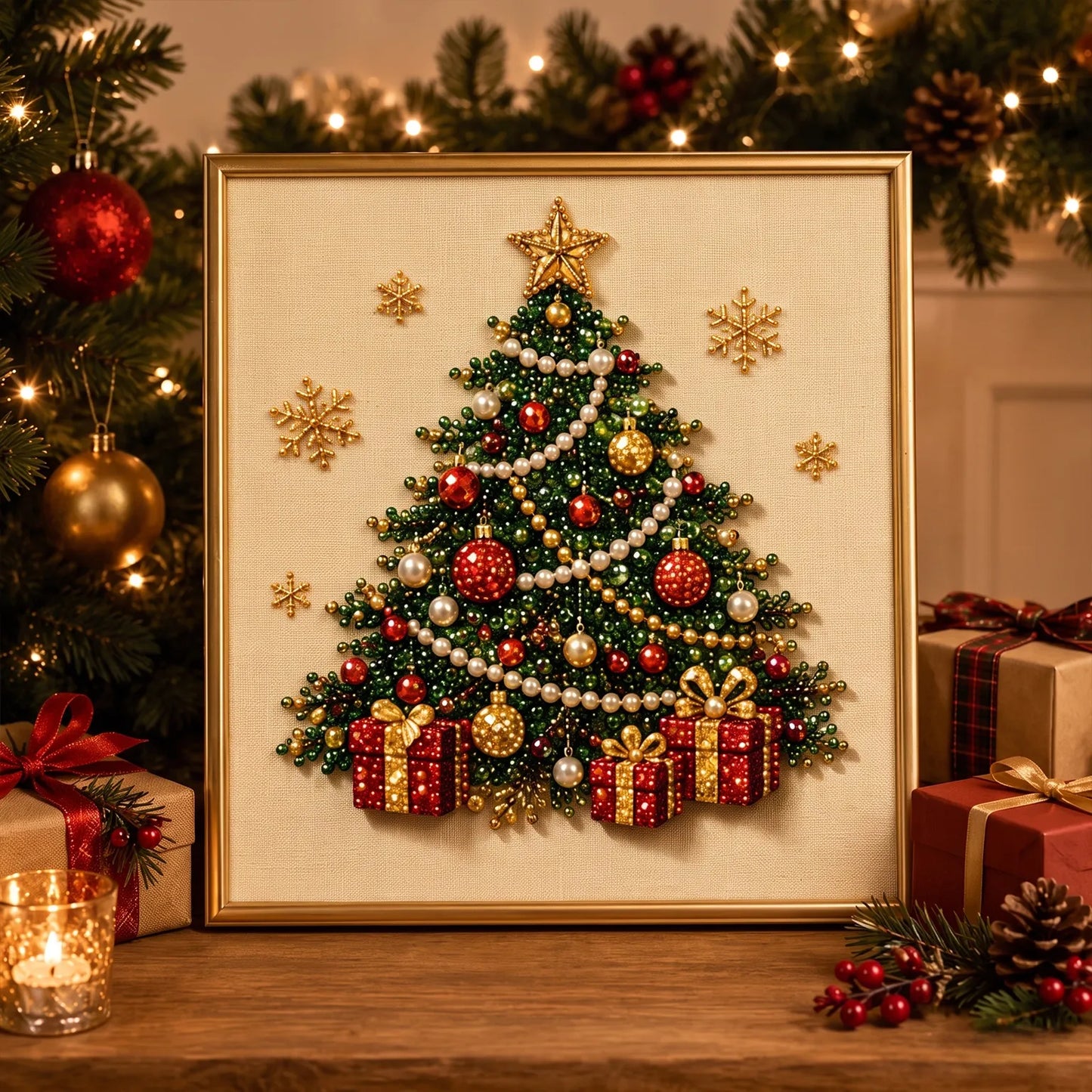 🎄  Premium 3D Pearl Christmas Diamond Painting Art Kit | Luxury Flocked Canvas with Scratch-Resistant Non-Fading Pearl Beads DIY Holiday Decor 🎅⛄️❄️