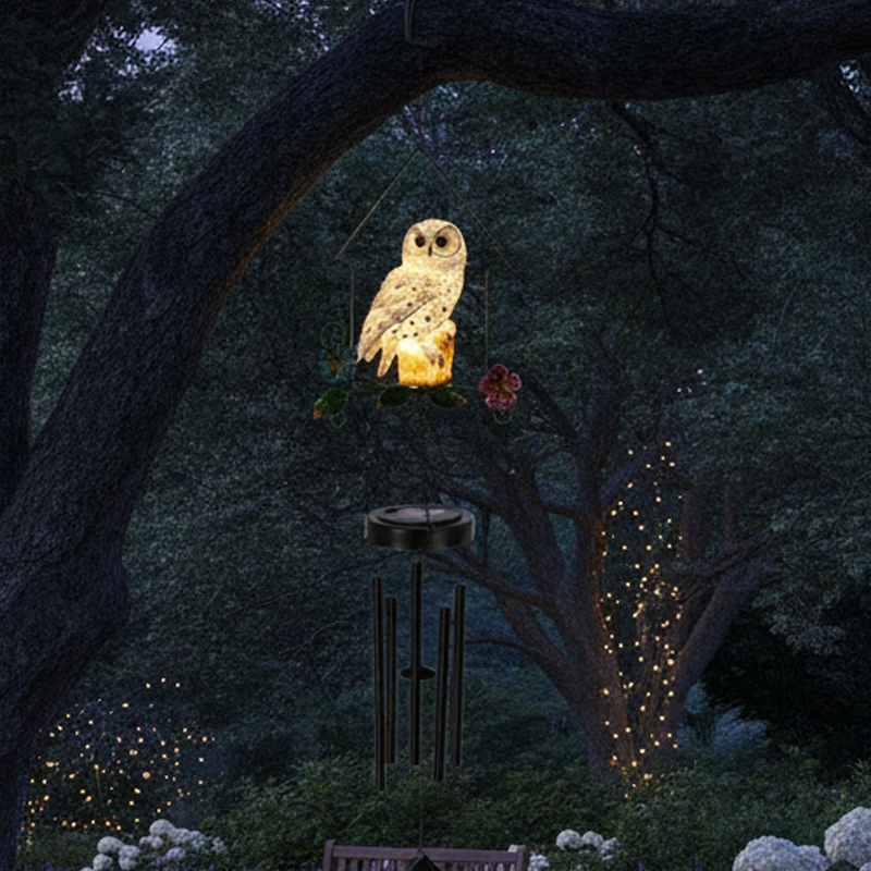 Solar Owl Wind Chime Light – Decorative Iron House Garden Stake Light for Lawn & Patio