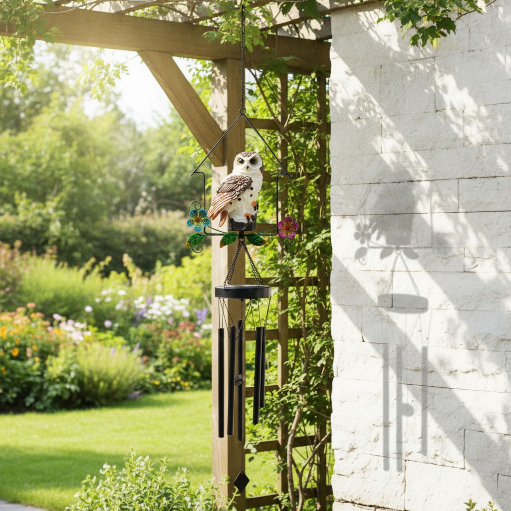 Solar Owl Wind Chime Light – Decorative Iron House Garden Stake Light for Lawn & Patio