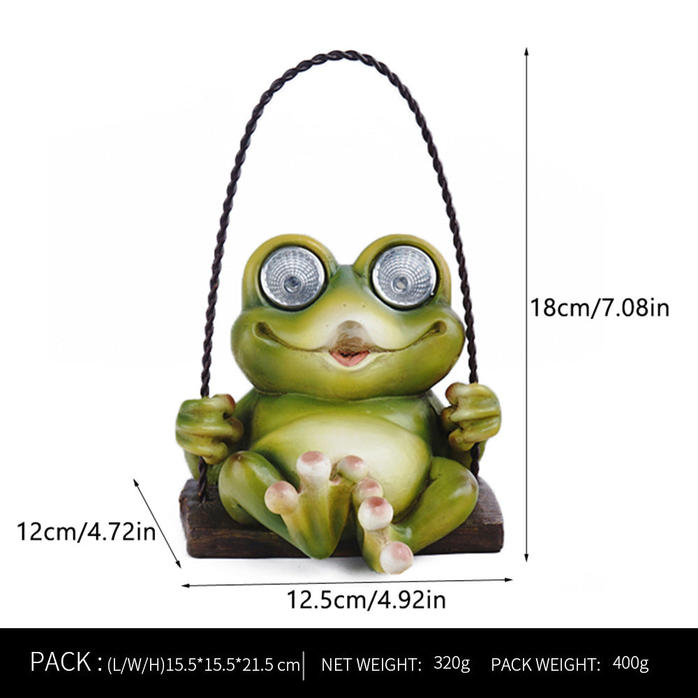 Solar Garden Swing Frog Statue – Resin Outdoor LED Light Up Patio & Yard Decor Ornament