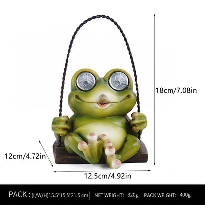 Solar Garden Swing Frog Statue – Resin Outdoor LED Light Up Patio & Yard Decor Ornament