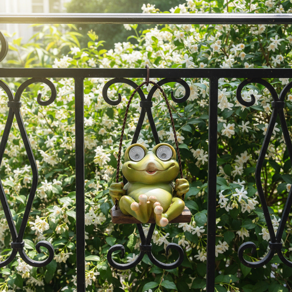 Solar Garden Swing Frog Statue – Resin Outdoor LED Light Up Patio & Yard Decor Ornament