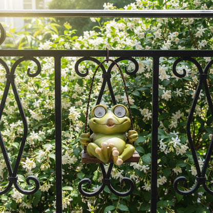 Solar Garden Swing Frog Statue – Resin Outdoor LED Light Up Patio & Yard Decor Ornament