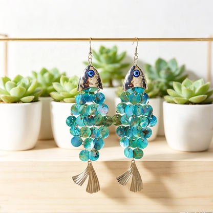 Retro Vacation Evil Eye & Shell Fish Drop Earrings