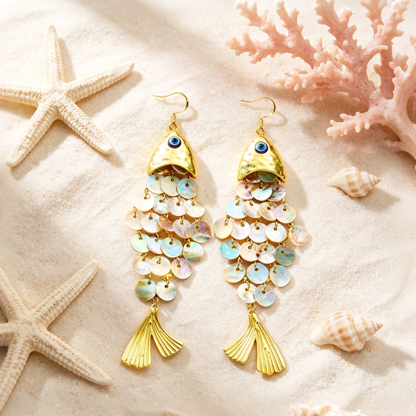 Retro Vacation Evil Eye & Shell Fish Drop Earrings