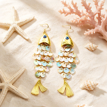 Retro Vacation Evil Eye & Shell Fish Drop Earrings