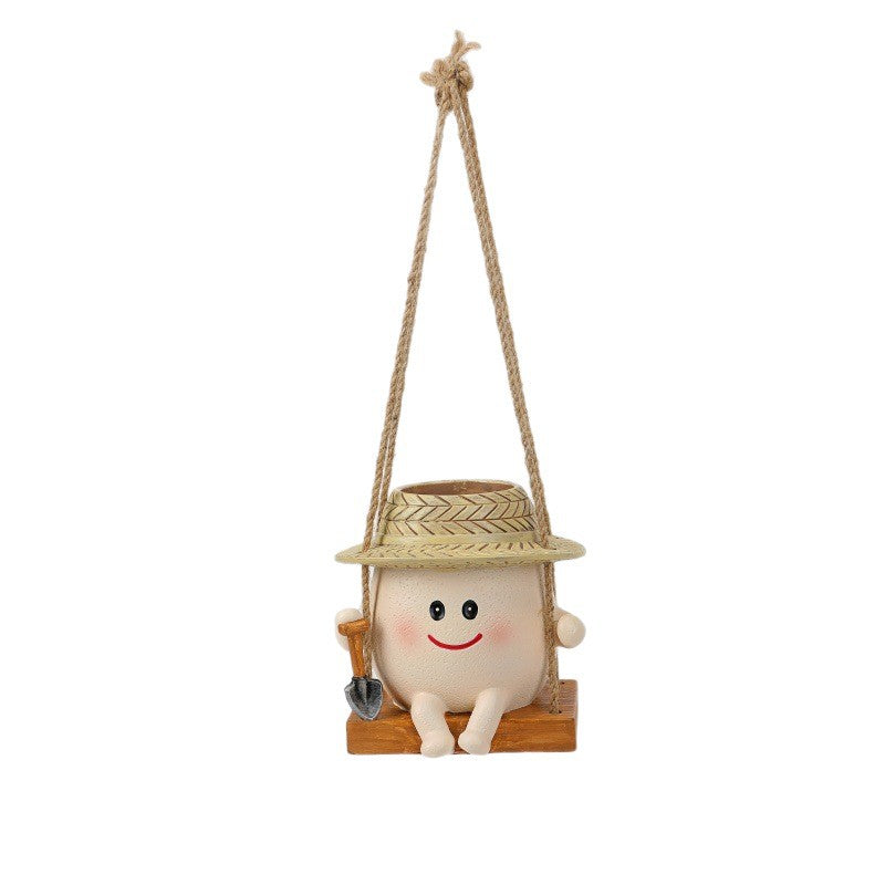 Whimsical Swing Egg Figurine Hanging Planter - Adorable Animal-Style Succulent Flower Pot, Creative Window & Porch Decor, Novelty Gift for Plant Lover