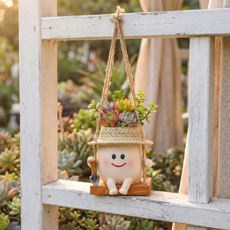 Whimsical Swing Egg Figurine Hanging Planter - Adorable Animal-Style Succulent Flower Pot, Creative Window & Porch Decor, Novelty Gift for Plant Lover