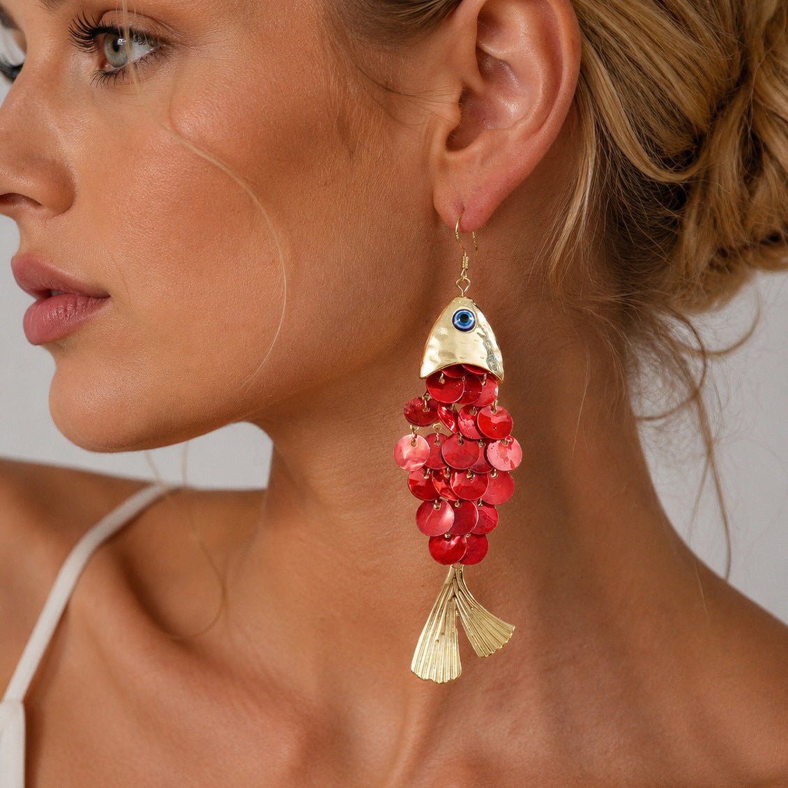Retro Vacation Evil Eye & Shell Fish Drop Earrings