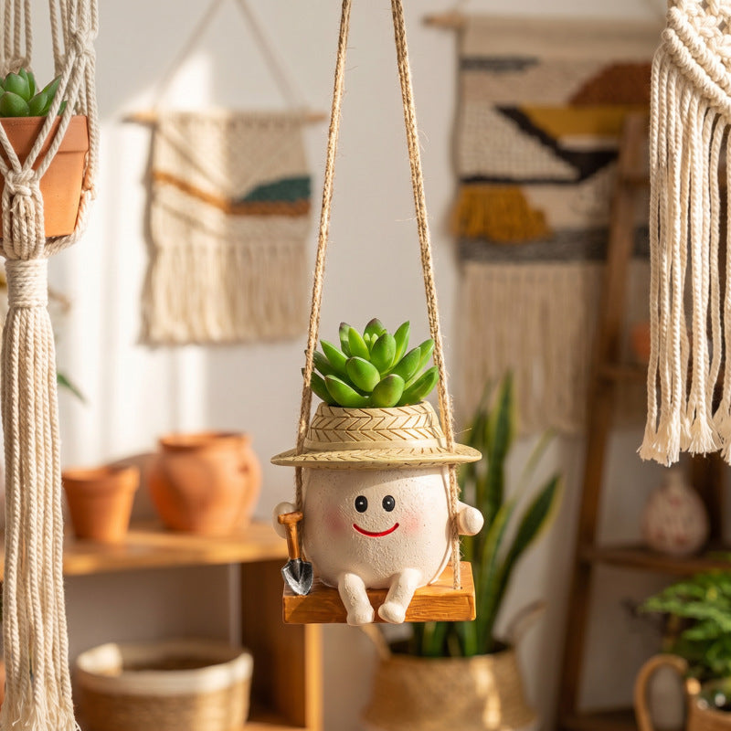 Whimsical Swing Egg Figurine Hanging Planter - Adorable Animal-Style Succulent Flower Pot, Creative Window & Porch Decor, Novelty Gift for Plant Lover