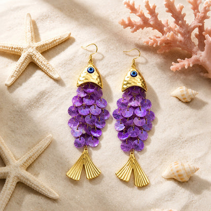 Retro Vacation Evil Eye & Shell Fish Drop Earrings
