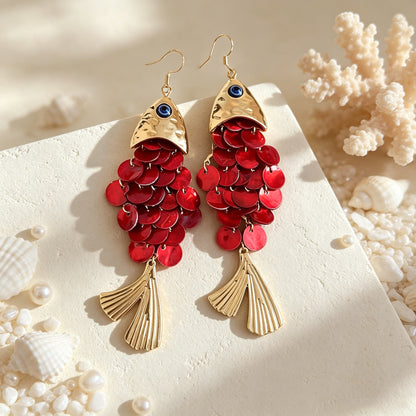Retro Vacation Evil Eye & Shell Fish Drop Earrings