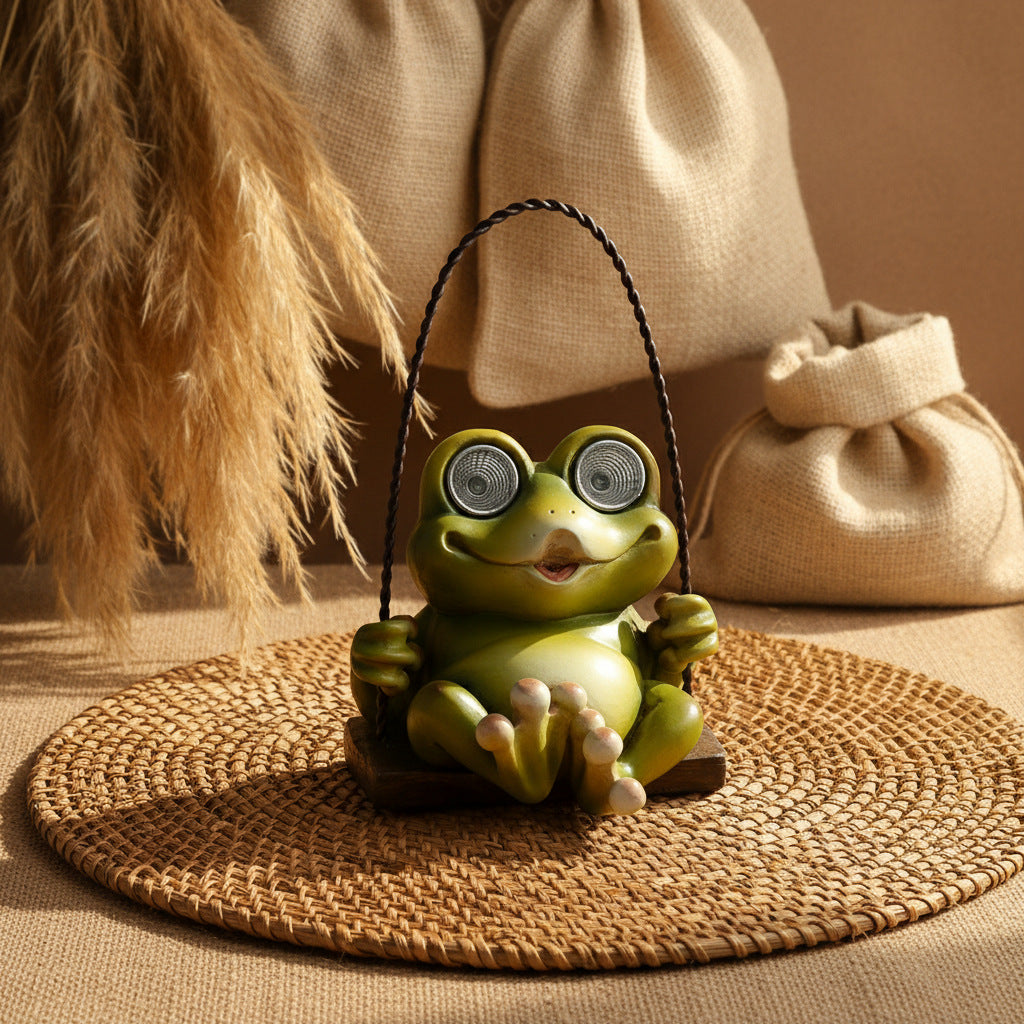 Solar Garden Swing Frog Statue – Resin Outdoor LED Light Up Patio & Yard Decor Ornament