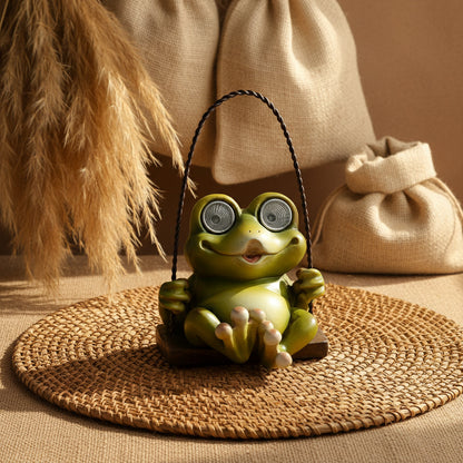 Solar Garden Swing Frog Statue – Resin Outdoor LED Light Up Patio & Yard Decor Ornament