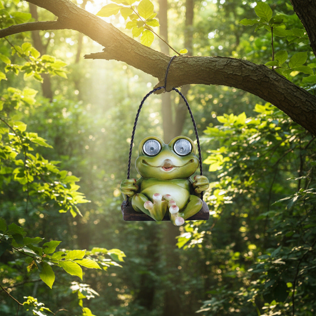 Solar Garden Swing Frog Statue – Resin Outdoor LED Light Up Patio & Yard Decor Ornament
