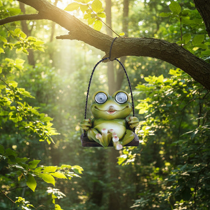 Solar Garden Swing Frog Statue – Resin Outdoor LED Light Up Patio & Yard Decor Ornament