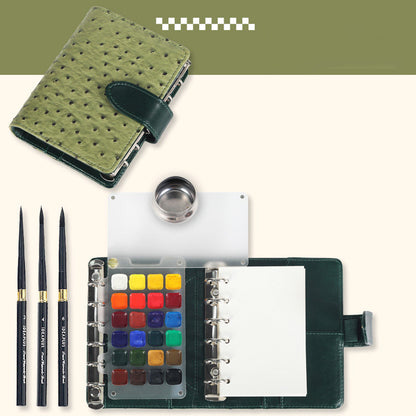 Watercolor Travel Sketching Set – Includes travel brushes (sizes 2, 4, 6), paints, and 100% cotton paper with PU Leather Cover (metal water container)