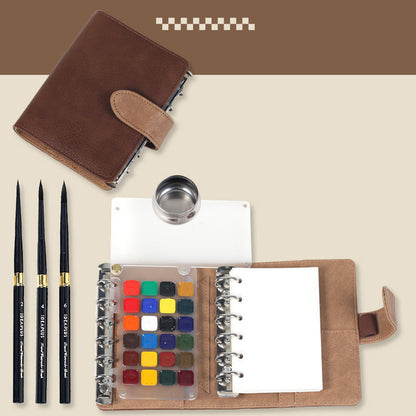 Watercolor Travel Sketching Set – Includes travel brushes (sizes 2, 4, 6), paints, and 100% cotton paper with PU Leather Cover (metal water container)