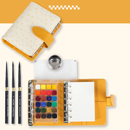 Watercolor Travel Sketching Set – Includes travel brushes (sizes 2, 4, 6), paints, and 100% cotton paper with PU Leather Cover (metal water container)