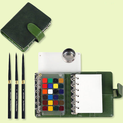 Watercolor Travel Sketching Set – Includes travel brushes (sizes 2, 4, 6), paints, and 100% cotton paper with PU Leather Cover (metal water container)