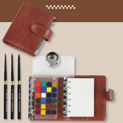 Watercolor Travel Sketching Set – Includes travel brushes (sizes 2, 4, 6), paints, and 100% cotton paper with PU Leather Cover (metal water container)
