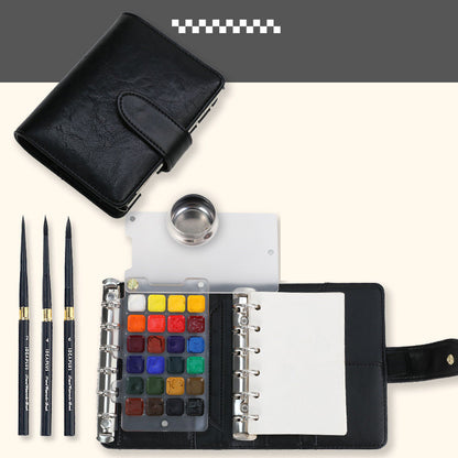 Watercolor Travel Sketching Set – Includes travel brushes (sizes 2, 4, 6), paints, and 100% cotton paper with PU Leather Cover (metal water container)