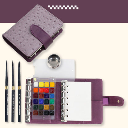 Watercolor Travel Sketching Set – Includes travel brushes (sizes 2, 4, 6), paints, and 100% cotton paper with PU Leather Cover (metal water container)