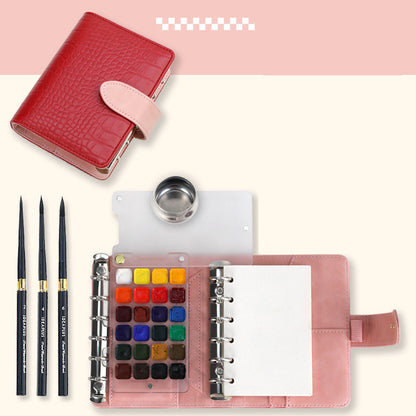 Watercolor Travel Sketching Set – Includes travel brushes (sizes 2, 4, 6), paints, and 100% cotton paper with PU Leather Cover (metal water container)