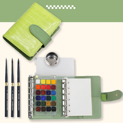 Watercolor Travel Sketching Set – Includes travel brushes (sizes 2, 4, 6), paints, and 100% cotton paper with PU Leather Cover (metal water container)