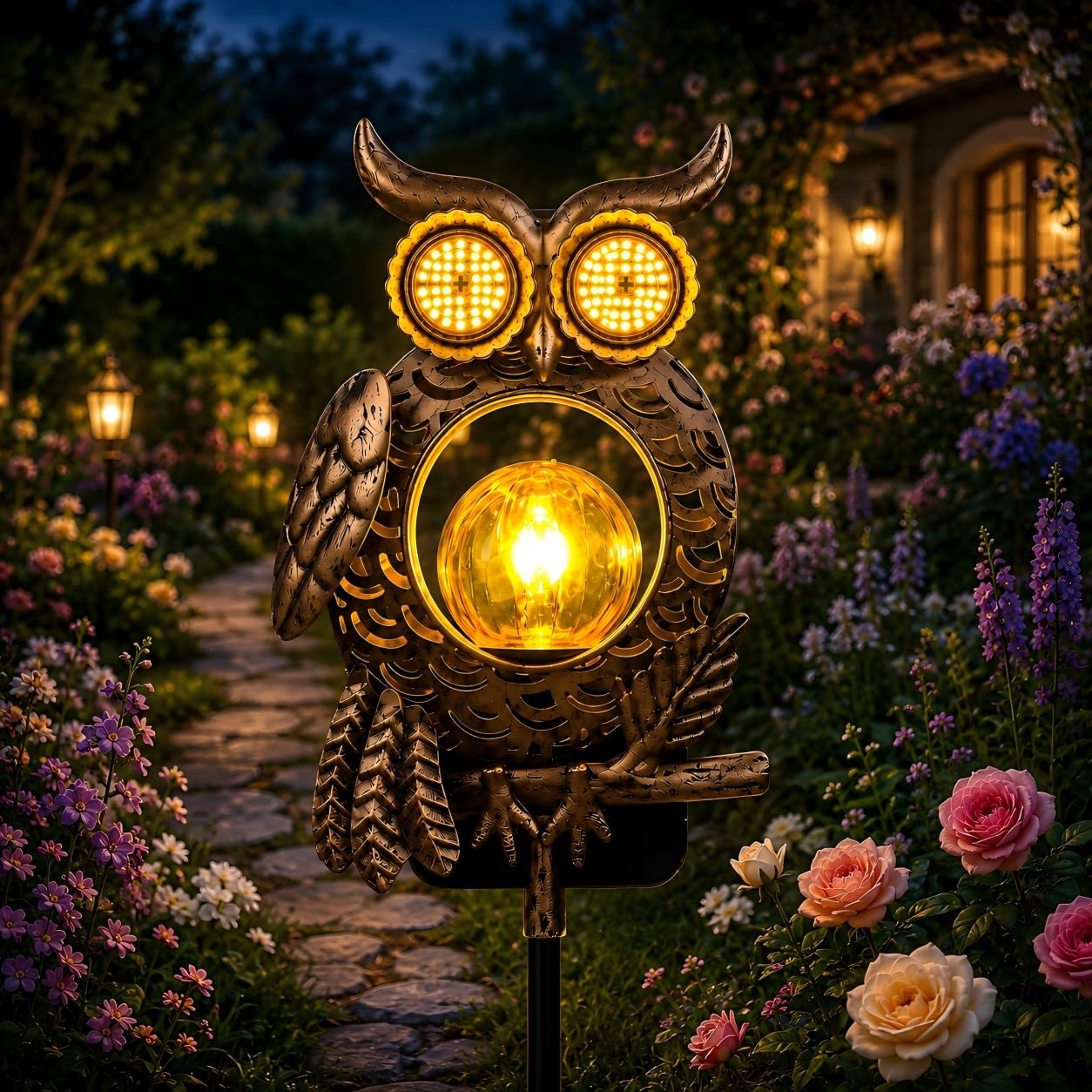 Outdoor Solar-Powered Kinetic Metal Owl Light