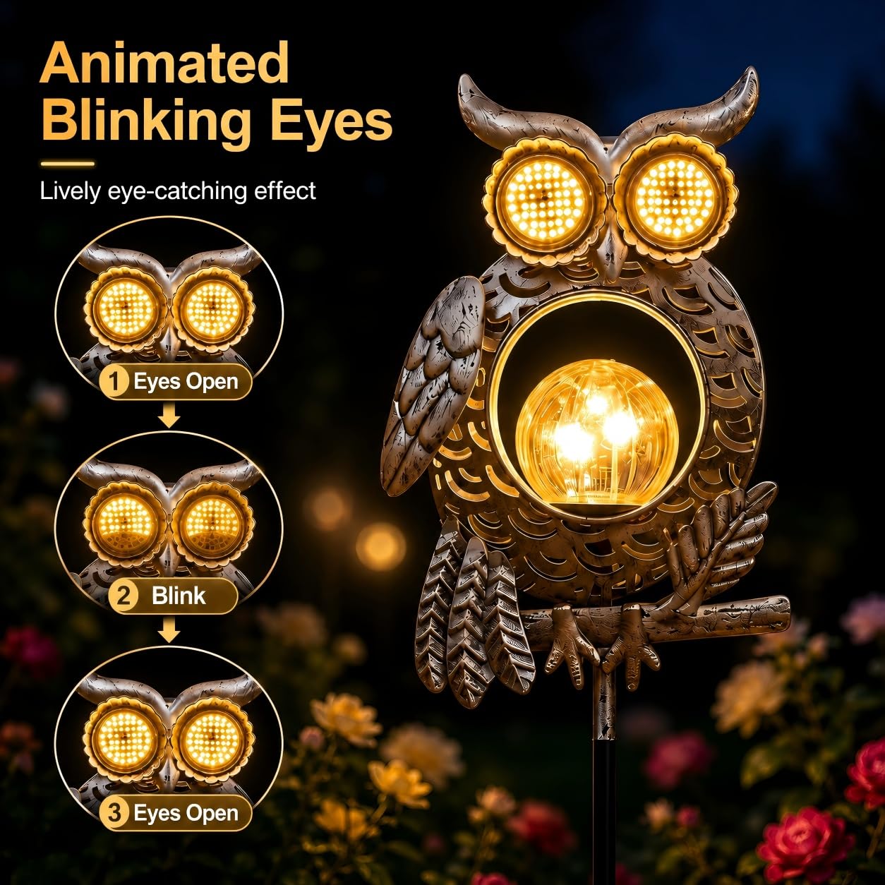 Outdoor Solar-Powered Kinetic Metal Owl Light