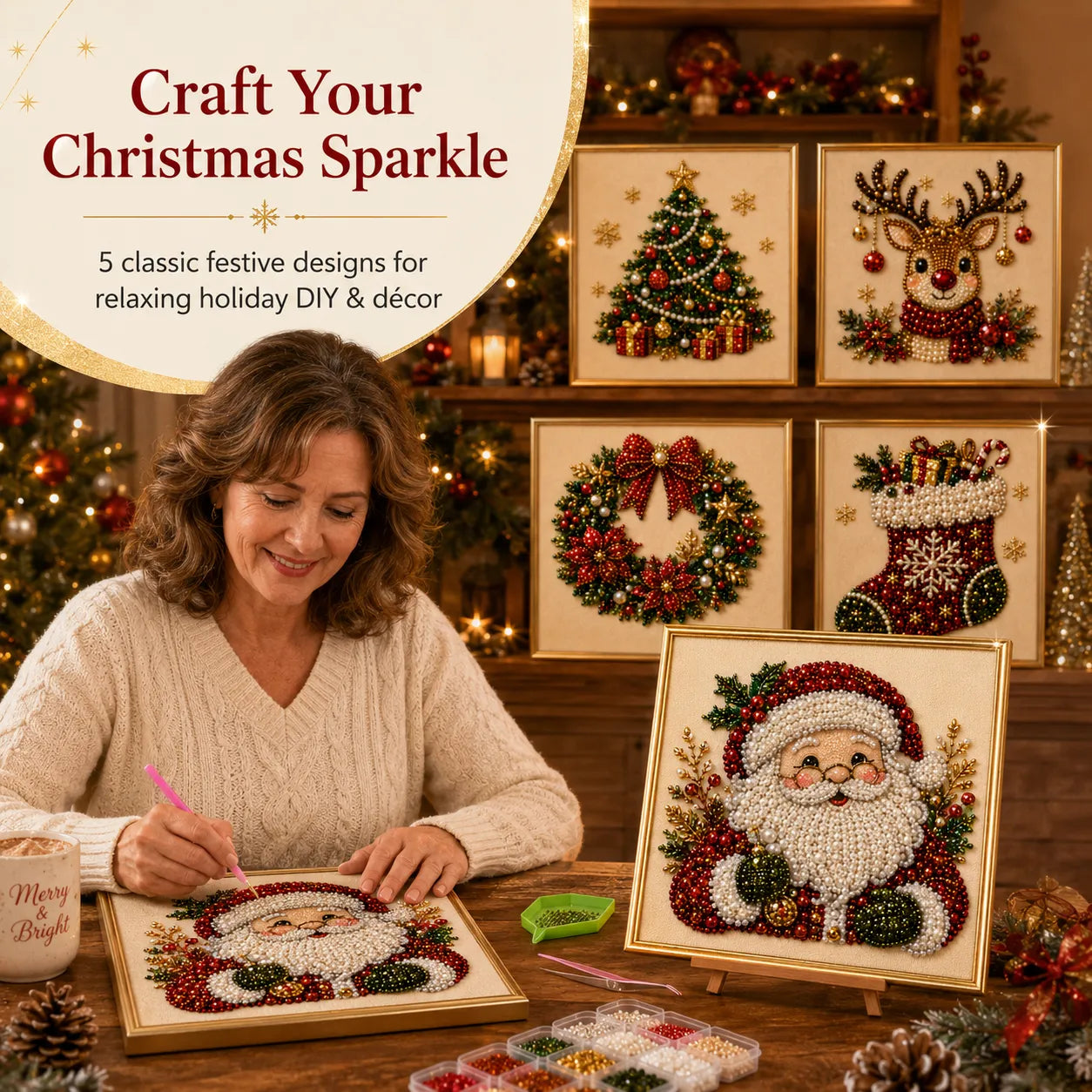 🎄  Premium 3D Pearl Christmas Diamond Painting Art Kit | Luxury Flocked Canvas with Scratch-Resistant Non-Fading Pearl Beads DIY Holiday Decor 🎅⛄️❄️