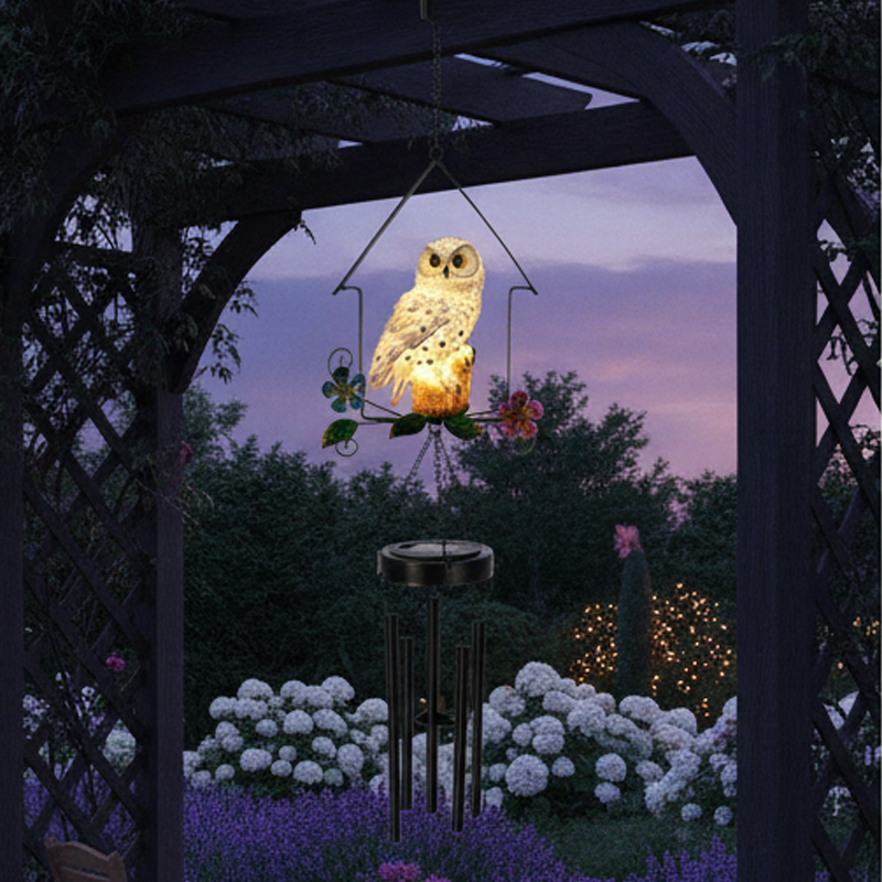 Solar Owl Wind Chime Light – Decorative Iron House Garden Stake Light for Lawn & Patio